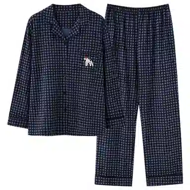 夏芬妍 时尚简约休闲格子翻领家居服亲肤舒适长袖长裤可外穿睡衣套装 男款 藏蓝色