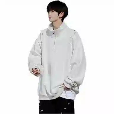 美式学院风潮牌基础款落肩袖简约日常高级感上衣百搭星星铆钉复古重磅半拉链立领纯色高街时尚潮流宽松休闲百搭通勤卫衣 男女同款