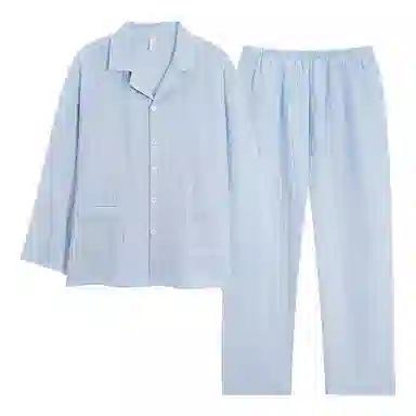 夏芬妍 休闲舒适纯色双层纱婴儿棉翻领开衫家居服柔软亲肤可外穿长袖长裤睡衣套装 男款 蓝色