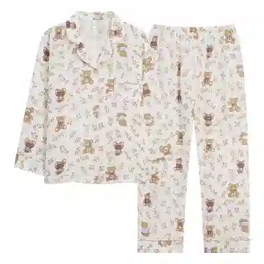 夏芬妍 休闲舒适小熊碎花满印婴儿棉翻领开衫家居服柔软亲肤可外穿长袖长裤睡衣套装 女款 杏色