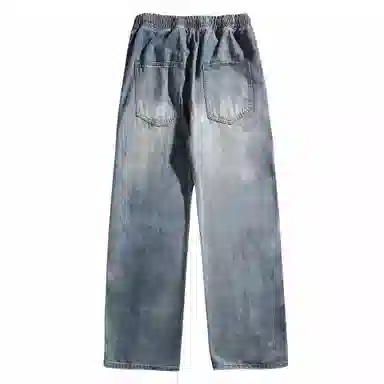 大卫贝肯 美式复古简约字母印花松紧抽绳腰日常休闲宽松直筒牛仔裤 男女同款