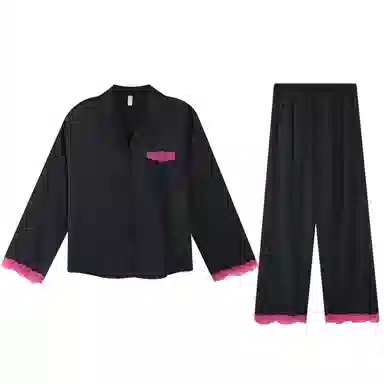夏芬妍 简约休闲高级感蕾丝翻领家居服舒适亲肤长袖长裤可外穿睡衣套装 女款 黑色