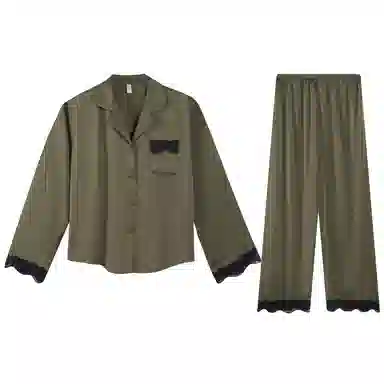 夏芬妍 简约休闲高级感翻领家居服舒适亲肤长袖长裤可外穿睡衣套装 女款 绿色