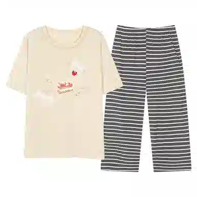 夏芬妍 简约大方柔软草蛋糕条纹裤圆领家居服亲肤休闲舒适短袖七分裤可外穿睡衣套装 女款 浅黄色