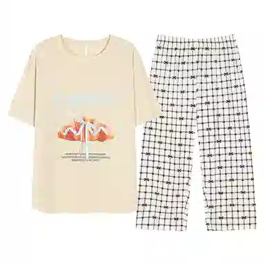 夏芬妍 简约大方柔软蝴蝶结可颂格子裤圆领家居服亲肤休闲舒适短袖七分裤可外穿睡衣套装 女款 浅黄色
