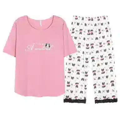 夏芬妍 简约大方柔软蝴蝶结猫咪圆领家居服亲肤休闲舒适短袖七分裤可外穿睡衣套装 女款 粉色