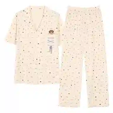 夏芬妍 时尚柔软亲肤波点绑绳翻领开衫家居服简约休闲舒适短袖长裤可外穿睡衣套装 女款 米黄色
