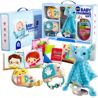 益米 手摇铃启蒙安抚礼盒套装 抓握训练 知识布书 带音乐 早教益智玩具