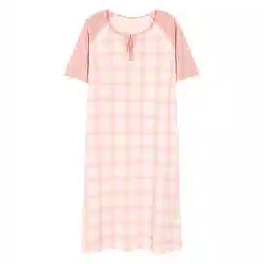 夏芬妍 时尚柔软亲肤经典格子圆领家居服简约休闲舒适短袖睡衣可外穿睡裙 女款 粉色