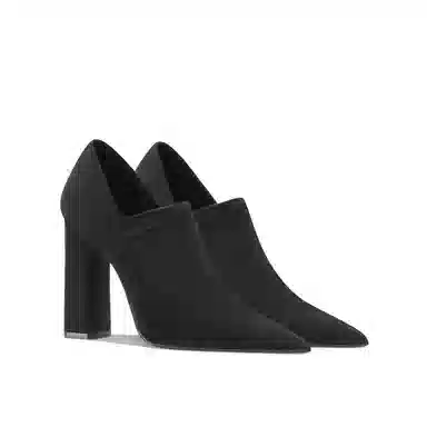 绒面 百搭时装通勤尖头深口粗跟弹力 短靴 女款 经典黑色