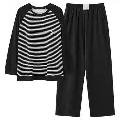 细舍 长袖条纹简约休闲可外穿家居服睡衣套装 女款 黑色