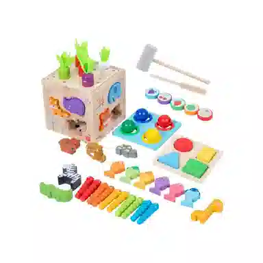 咕轹 多功能木制蒙氏八合一敲球动物配对钓 早教益智玩具