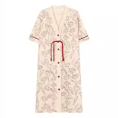 夏芬妍 简约休闲舒适新中式风花朵印花带胸垫睡衣家居服亲肤宽松短袖可外穿睡裙 女款 杏色