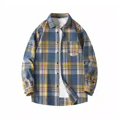 美式复古格子衬衫宽松休闲简约外穿学院风单穿叠穿日系复古单排扣口袋垂感宽松显瘦翻领长袖条纹衬衫 男女同款