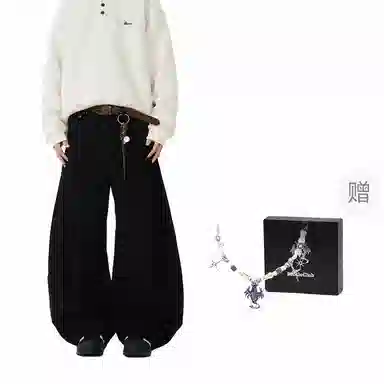 梁拌泡菜 美式复古廓形设计水洗弯刀牛仔裤 男女同款