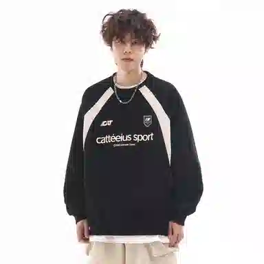 玉儿恋 美式潮牌拼接酷帅圆领宽松休闲随性运动重磅长袖卫衣 男女同款