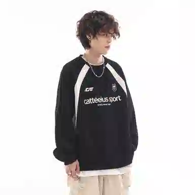 玉儿恋 美式潮牌拼接酷帅圆领宽松休闲随性运动重磅长袖卫衣 男女同款