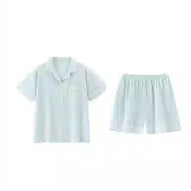 夏芬妍 简约休闲舒适时尚纯色纯棉翻领家居服亲肤宽松短袖短裤可外穿睡衣套装 女款 蓝色