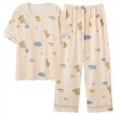 莫代尔 韩版舒适亲肤柔软轻盈透气休闲微弹圆领短袖长裤时尚家居月子服可外穿睡衣套装 女款 杏色