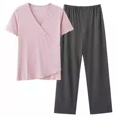 莫代尔 可外穿柔软休闲透气舒适清新时尚短袖长裤居家服睡衣套装 女款 粉红色