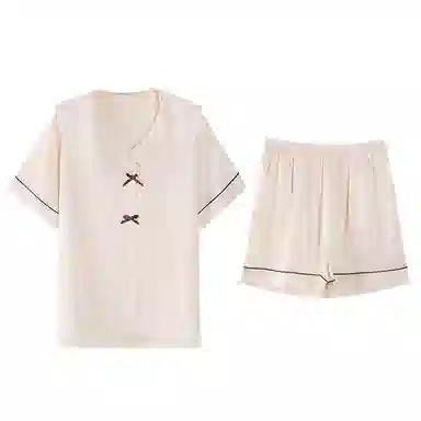 俏薇妮 简约纯色柔软时尚优雅高级感短袖家居服休闲舒适凉爽透气可外穿睡衣套装 女款 米白色