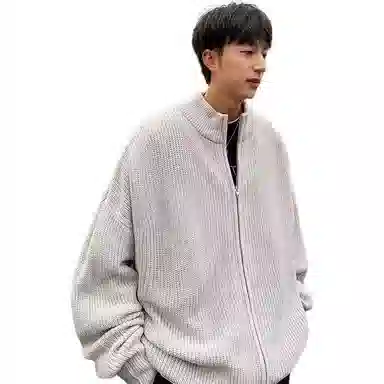 悍戈 双拉链立领宽松复古慵懒风秋冬女开衫加厚纯色外套针织衫 男女同款