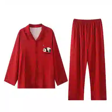 俏薇妮 简约纯色柔软喜庆冰丝古风高级感长袖长裤家居服宽松舒适休闲透气可外穿春秋睡衣套装 女款 红色