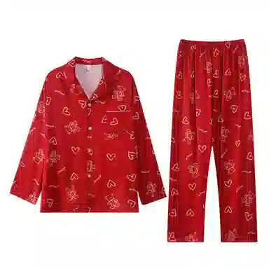 俏薇妮 简约纯色柔软喜庆冰丝爱心高级感长袖长裤家居服宽松舒适休闲透气可外穿春秋睡衣套装 女款 红色