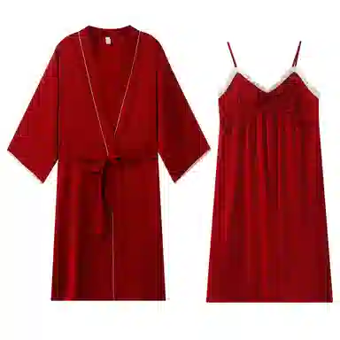俏薇妮 简约纯色结婚喜庆时尚大气家居服冰丝吊带高级感宽松舒适休闲透气长袖两件套可外穿春秋睡衣套装 女款 红色