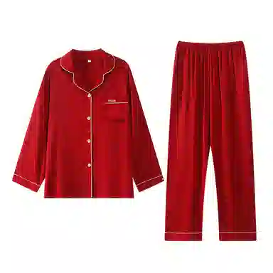 俏薇妮 简约纯色柔软喜庆冰丝时尚大气高级感长袖长裤家居服宽松舒适休闲透气可外穿春秋睡衣套装 女款 红色