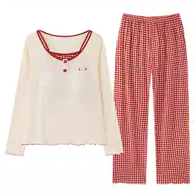 夏芬妍 时尚舒适柔软甜美假两件格子带胸垫家居服简约休闲亲肤宽松长袖长裤可外穿睡衣套装 女款 红色