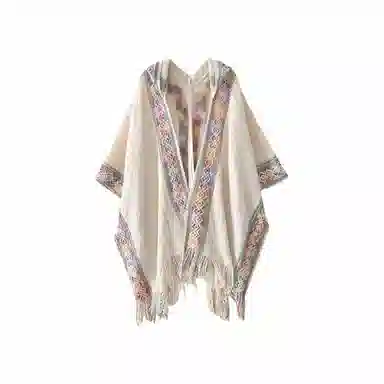 北极绒 时尚连帽民族风彩虹边流苏针织外搭春秋季出游必备 披肩 女款