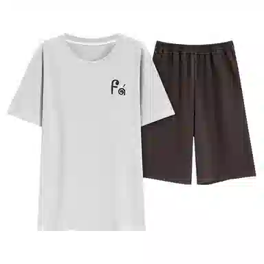 细舍 大码舒适圆领短袖上衣可外穿家居服五分裤睡衣套装 男款 浅灰色