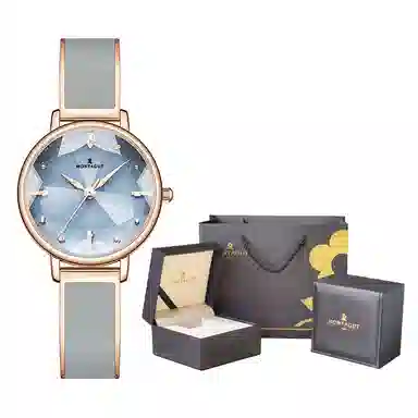 梦特娇 法国巴黎轻奢品牌 精致设计小众潮流女学生 高级感时尚简约 女表  石英机芯 合金表带 男女同款 蓝色表盘 气质优雅腕表 限定皮盒