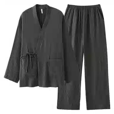 夏芬妍 轻盈舒适柔软侘寂风纯色婴儿棉双层纱开衫家居服休闲亲肤宽松长袖长裤可外穿睡衣套装 男女同款