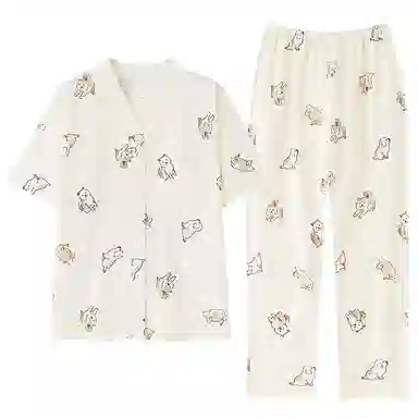 细舍 简约休闲短袖上衣家居服长裤睡衣套装 女款 浅黄色
