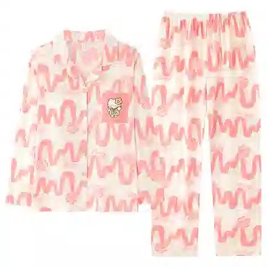 莫代尔 舒适柔软翻领开衫气质时尚百搭防凸点长袖可外穿春秋季睡衣套装 女款 粉色