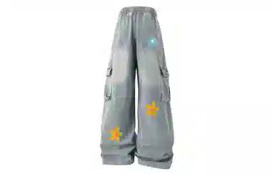 冰飞 美式印花涂鸦线条工装裤大口袋个性设计手绘字母休闲时尚潮流百搭显瘦宽松拖地裤牛仔裤 男女同款