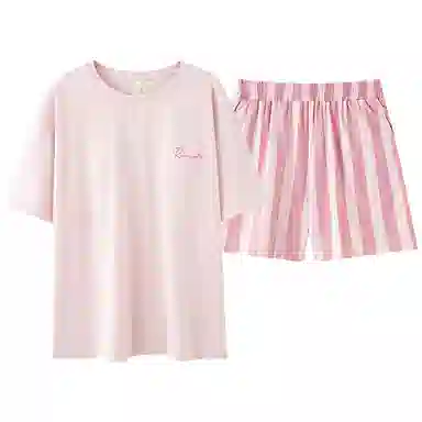 夏芬妍 时尚舒适柔软纯色上衣条纹裤莫代尔棉家居服凉感透气亲肤宽松短袖短裤可外穿睡衣套装 女款 粉色