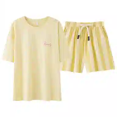 夏芬妍 时尚舒适柔软纯色条纹裤家居服凉感透气亲肤宽松短袖短裤可外穿睡衣套装 女款 黄色