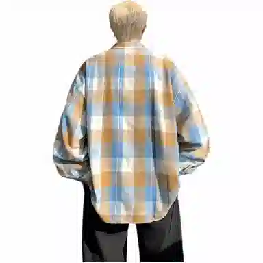 轻迎 港风宽松磨毛格子长袖衬衫 男款