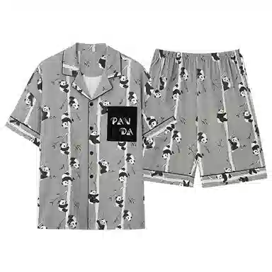 夏芬妍 简约舒适柔软爬树熊猫纯棉翻领家居服透气亲肤宽松短袖短裤可外穿睡衣套装 男女同款
