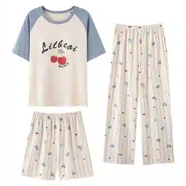 夏芬妍 简约舒适柔软爱心蝴蝶结樱桃纯棉家居服透气亲肤宽松短袖圆领套头三件套可外穿睡衣套装 女款 杏色