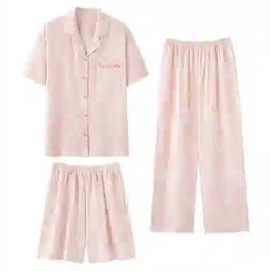 夏芬妍 简约舒适柔软不规则纹理纯棉家居服透气亲肤宽松短袖翻领三件套可外穿睡衣套装 女款 粉色