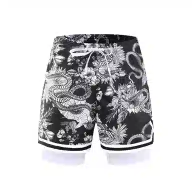 特色玫瑰蛇纹拼花透气速干凉感宽松篮球训练五分假两件裤运动短裤 男女同款