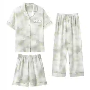 夏芬妍 简约舒适柔软晕染竹子提花纯棉家居服透气亲肤宽松短袖翻领三件套可外穿睡衣套装 女款 淡绿色