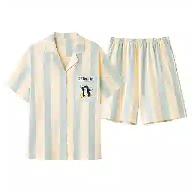 夏芬妍 简约舒适柔软条纹卡通英文纯棉翻领家居服透气亲肤宽松短袖短裤可外穿睡衣套装 男女同款