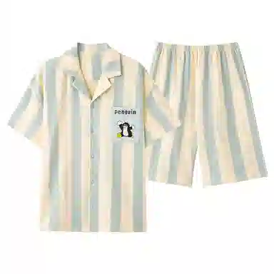夏芬妍 简约舒适柔软条纹卡通英文纯棉翻领家居服透气亲肤宽松短袖短裤可外穿睡衣套装 男女同款