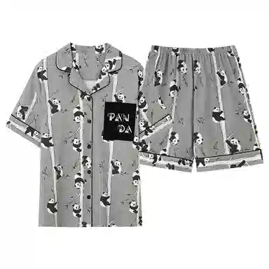 夏芬妍 简约舒适柔软爬树熊猫纯棉翻领家居服透气亲肤宽松短袖短裤可外穿睡衣套装 男女同款