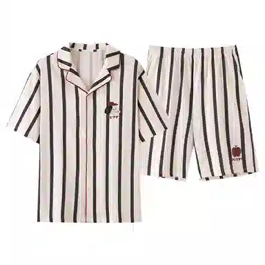夏芬妍 简约舒适柔软条纹纯棉翻领家居服透气亲肤宽松短袖短裤可外穿睡衣套装 男女同款 杏色